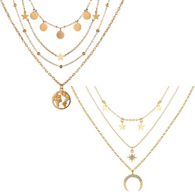 Vembley Pack Of 2 Gorgeous Multi Layered Star, Drop Half Moon and Earth Necklace Gold-plated Plated Alloy Layered