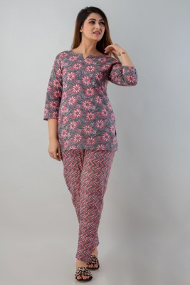 klieder Girls Floral Print Grey, Pink Top & Pyjama Set