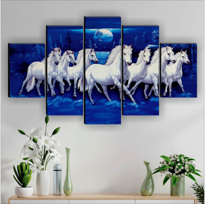 saf Seven running horses UV Textured Wall Painting for Home decorative Digital Reprint 18 inch x 30 inch Painting(Without Frame, Pack of 5)