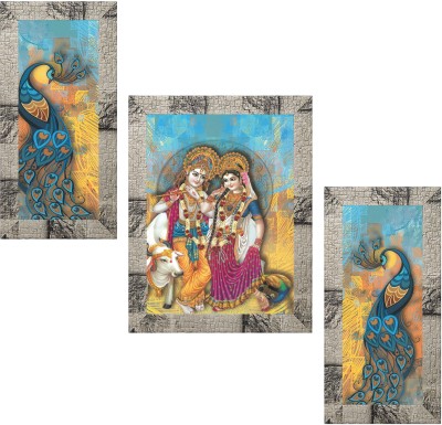 Indianara Set of 3 Radha Krishna with Peacocks Art Painting (4058MW) without glass Digital Reprint 13 inch x 10.2 inch Painting(With Frame, Pack of 3)