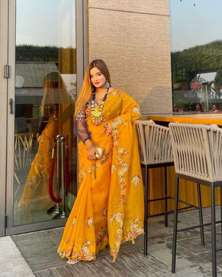 KRIVITY Self Design Bollywood Organza Saree(Yellow)