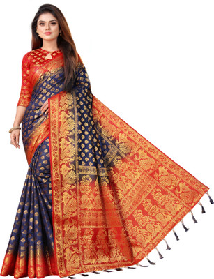 FINE WEAR Woven Banarasi Cotton Silk Saree(Blue)