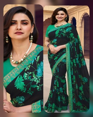 Bombey Velvat Fab Printed, Blocked Printed, Embellished, Animal Print, Floral Print, Solid/Plain Sambalpuri Silk Blend, Georgette Saree(Green, Black)