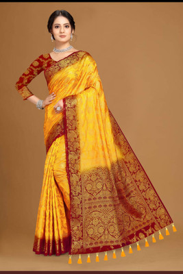 COSBILA FASHION Woven Banarasi Cotton Silk Saree(Yellow)