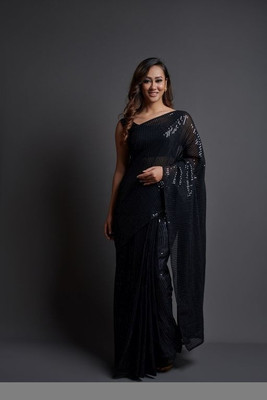 KOLVA CREATION Solid/Plain Bollywood Georgette Saree(Black)