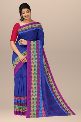 Bong ButiQ Striped Handloom Cotton Blend Saree(Blue)