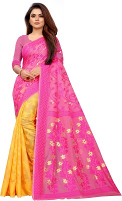 Regaz Woven Jamdani Cotton Silk Saree(Gold, Pink)