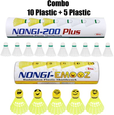 Nongi Badminton shuttle (200Plus & Emoz) combo pack of 15 shuttle for badminton sports Plastic Shuttle  - White(Medium, 77, Pack of 15)