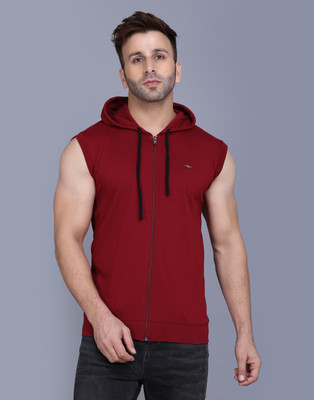 Tees Collection Solid Men Hooded Neck Maroon T-Shirt