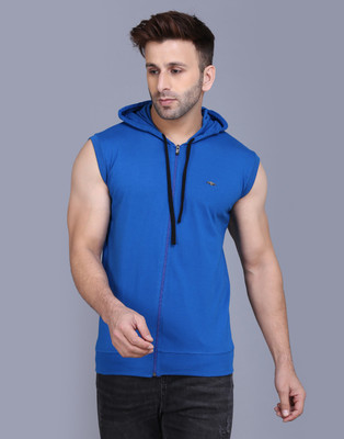 Tees Collection Solid Men Hooded Neck Blue T-Shirt