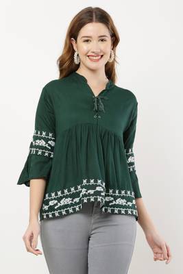 S R S FASHION Casual Embroidered Women Dark Green Top