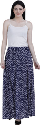 Warsian Floral Print Women Flared Blue Skirt