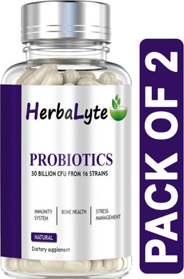 HERBALYTE Probiotic Supplement 30 Billion Cfu with 16 & Prebiotics Capsules (B36) Advanced(2 x 60 Capsules)