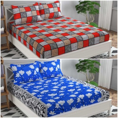 Cool Dealzz 240 TC Polycotton Double Printed Flat Bedsheet(Pack of 2, Red, Blue)
