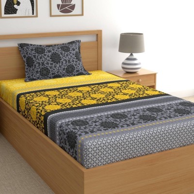 Home Ecstasy 140 TC Cotton Single Floral Flat Bedsheet(Pack of 1, Grey, Yellow)