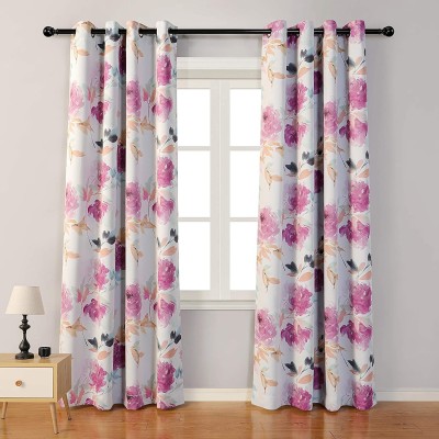 Tample Fab 154 cm (5 ft) Polyester Room Darkening Window Curtain (Pack Of 2)(3D Printed, White, Pink)