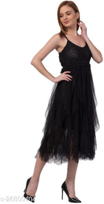 StyleClap Women A-line Black Midi/Calf Length Dress