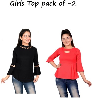 SS Dresses Girls Casual Polycotton Top(Multicolor, Pack of 2)