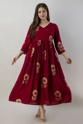 HANDISH Women Printed Flared Kurta(Maroon)