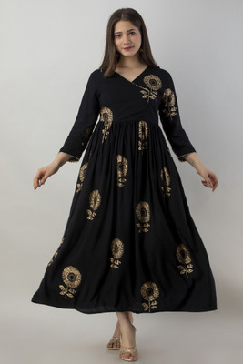 HANDISH Women Printed Flared Kurta(Black)