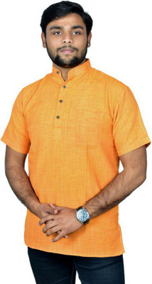 Divine creation Men Checkered Straight Kurta(Orange)
