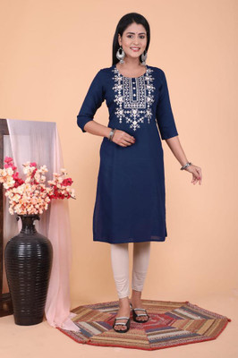 TANMAX Women Embroidered Straight Kurta(Blue)