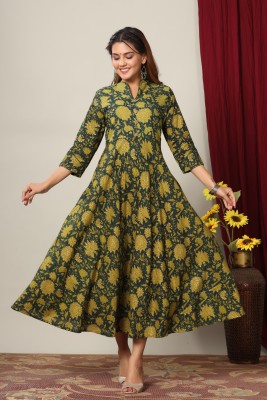 MIRAVAN Women Printed Anarkali Kurta(Green)