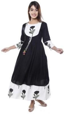 Nikhat Women Printed Anarkali Kurta(Black)