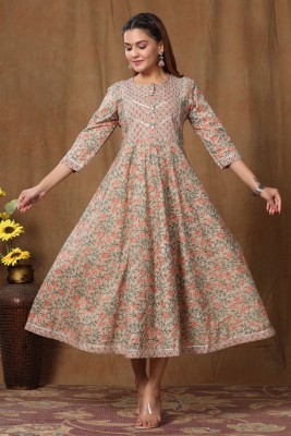 Doriyaan Women Floral Print Anarkali Kurta(Beige)