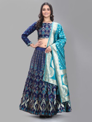 Divastri Embroidered Semi Stitched Lehenga Choli(Light Blue, Dark Blue)