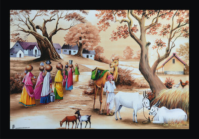 Mmory Beautiful Decorative Rajasthani Village View Wall Decor Painting Digital Reprint 8 inch x 12 inch Painting(With Frame)