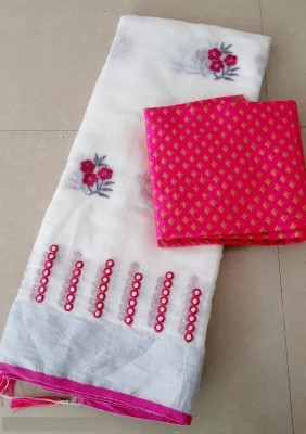 TEXROK Embroidered Daily Wear Cotton Blend Saree(Pink)