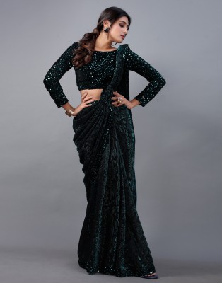 Samah Self Design, Woven, Embellished Bollywood Lycra Blend Saree(Green, Black)