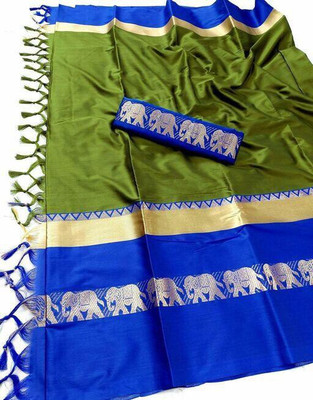 SAAGPAN Solid/Plain Banarasi Cotton Silk Saree(Dark Green, Blue)