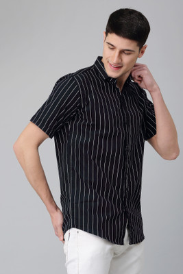 U TURN Men Striped Casual Dark Blue Shirt