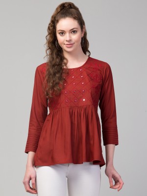 STYLZINDIA Casual Embroidered Women Maroon Top