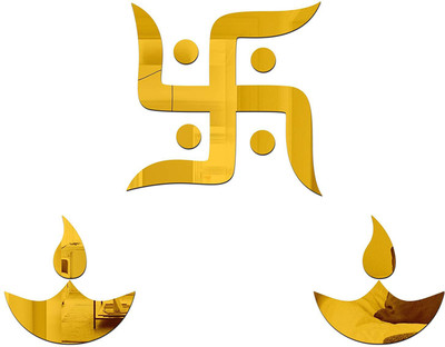 wall1ders 15 cm Swastik and 2 Diya Golden Self Adhesive Sticker(Pack of 3)