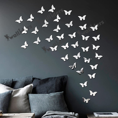 wall1ders 40 cm 40 cut butterfly Silver Self Adhesive Sticker(Pack of 40)