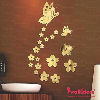 wall1ders 58 cm 21 Butterfly and Flower Golden Self Adhesive Sticker(Pack of 21)