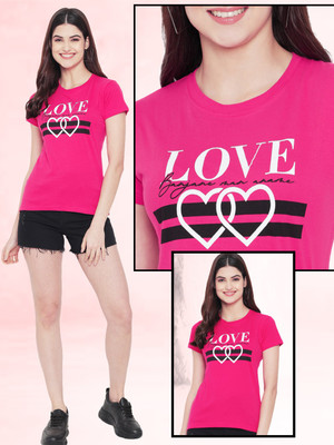 Fabflee Printed Women Round Neck Pink T-Shirt