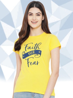 Fabflee Printed Women Round Neck Yellow T-Shirt