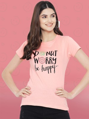 Fabflee Typography Women Round Neck Pink T-Shirt