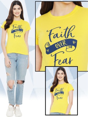 Fabflee Printed Women Round Neck Yellow T-Shirt