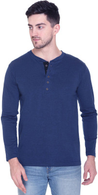 aarbee Solid Men Henley Neck Blue T-Shirt