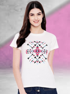 Fabflee Printed Women Round Neck White T-Shirt