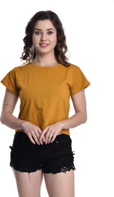AmborisH Casual Solid Women Gold Top