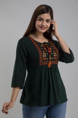 APH Fashion Casual Embroidered Women Green Top