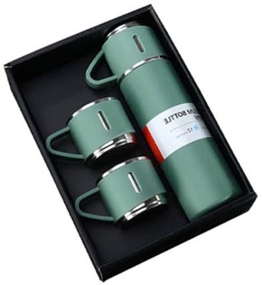 SWISS WONDER XIV-20GT-Steel Vacuum Flask Set 3 Steel Cups Combo 500 ml Bottle With Drinking Glass(Pack of 1, Green, Steel)