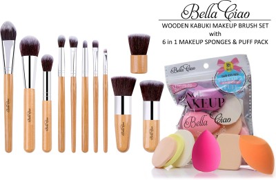 Bella Ciao Professional 11 Pcs Wooden Kabuki Makeup Brush Set with 6in1 Makeup Sponge Pack(Pack of 17)