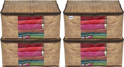 Billion Saree cover Wooden Print 4 Piece Non Woven Fabric Saree Cover/Clothes Organiser For Wardrobe Set with Transparent Window, Extra Large (Brown)(Brown)